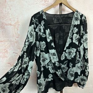 WHBM bold floral balloon sleeve top size 12 wrap front city date night large